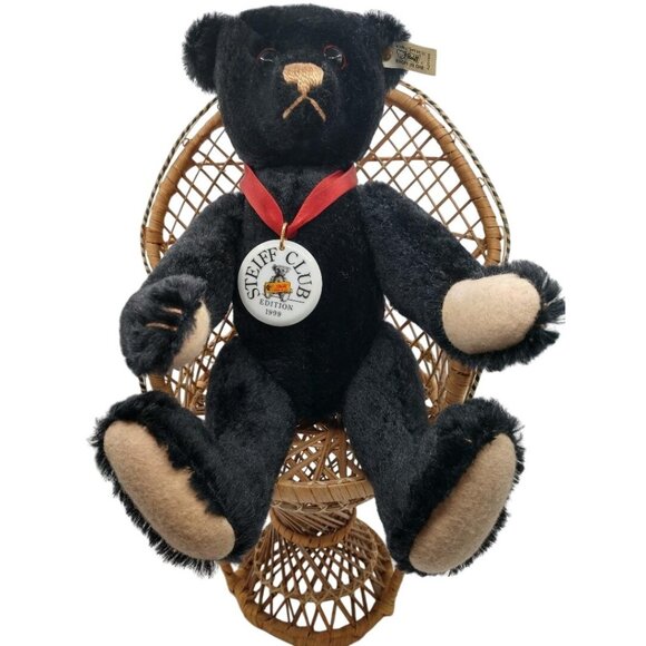 Steiff Club Edition 1999 Black Plush Teddy Bear W/ Red Ribbon & Tag - Picture 1 of 6